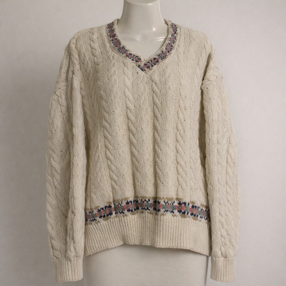 Ralph Lauren Chaps Cream Cable Knit‎ Sweater Geometric Trim SZ Large Cottage